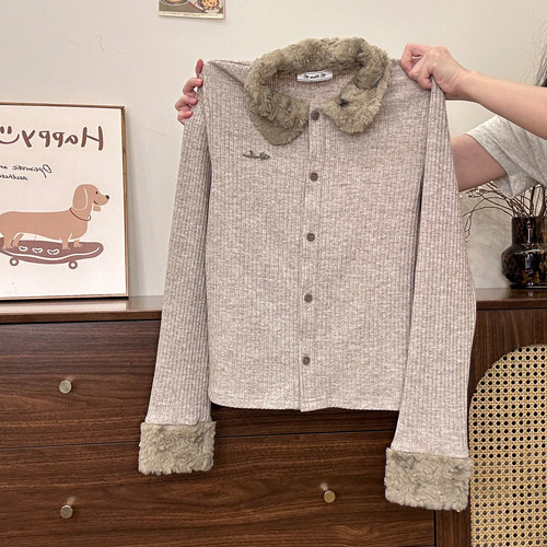 拼接毛绒翻领针织开衫长袖女保暖