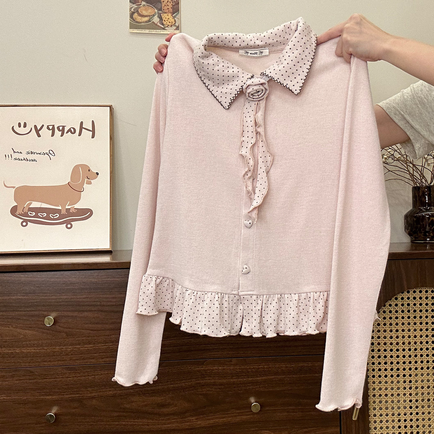 奶油的宇宙 波点花朵荷叶边polo针织开衫长袖女温柔修身内搭上衣,女装/女士精品,毛针织衫,淘宝优惠券,粉丝福利购,淘宝优惠卷