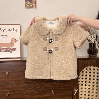 韩系甜美娃娃领羊羔毛短款马甲女