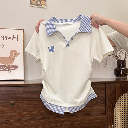 刺绣格纹假两件polo领短袖T恤女