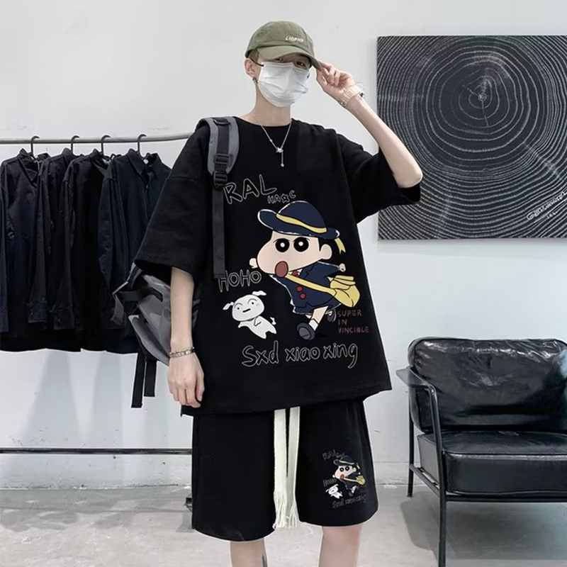 运动套装男士夏季宽松休闲短袖短裤华夫格男生青少年帅气学生衣服