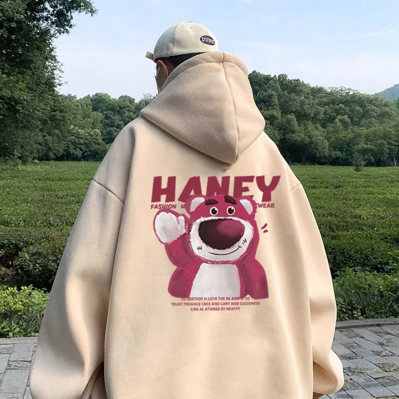 潮牌连帽加绒卫衣男秋冬季宽松2023新款外套情侣装美式草莓熊帽衫