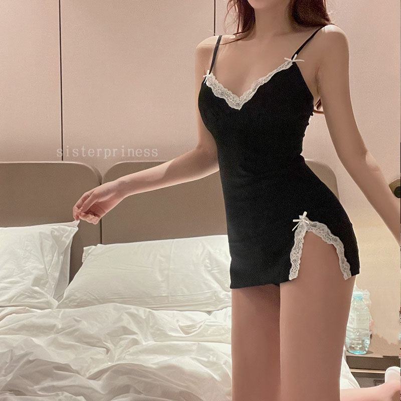 3性感吊带私房纯棉修饰包臀开叉蕾丝边有带胸垫内裤居家服睡裙黑色