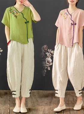 棉麻套装女夏两件套复古短袖上衣妈妈装宽松显瘦民族风女盘扣裤子