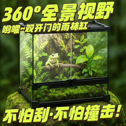 爬宠饲养箱角蛙睫角鬃狮蜥蜴守宫寄居蟹树玻璃缸前开门造景雨林缸
