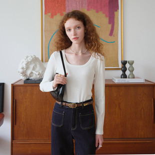 超弹坑条 内搭修身 白色大圆领长袖 打底衫 上衣 T恤女2025新款 然若