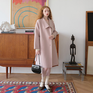 然若 黛粉色切尔西领双面呢大衣女款2025新款冬装中长款毛呢外套