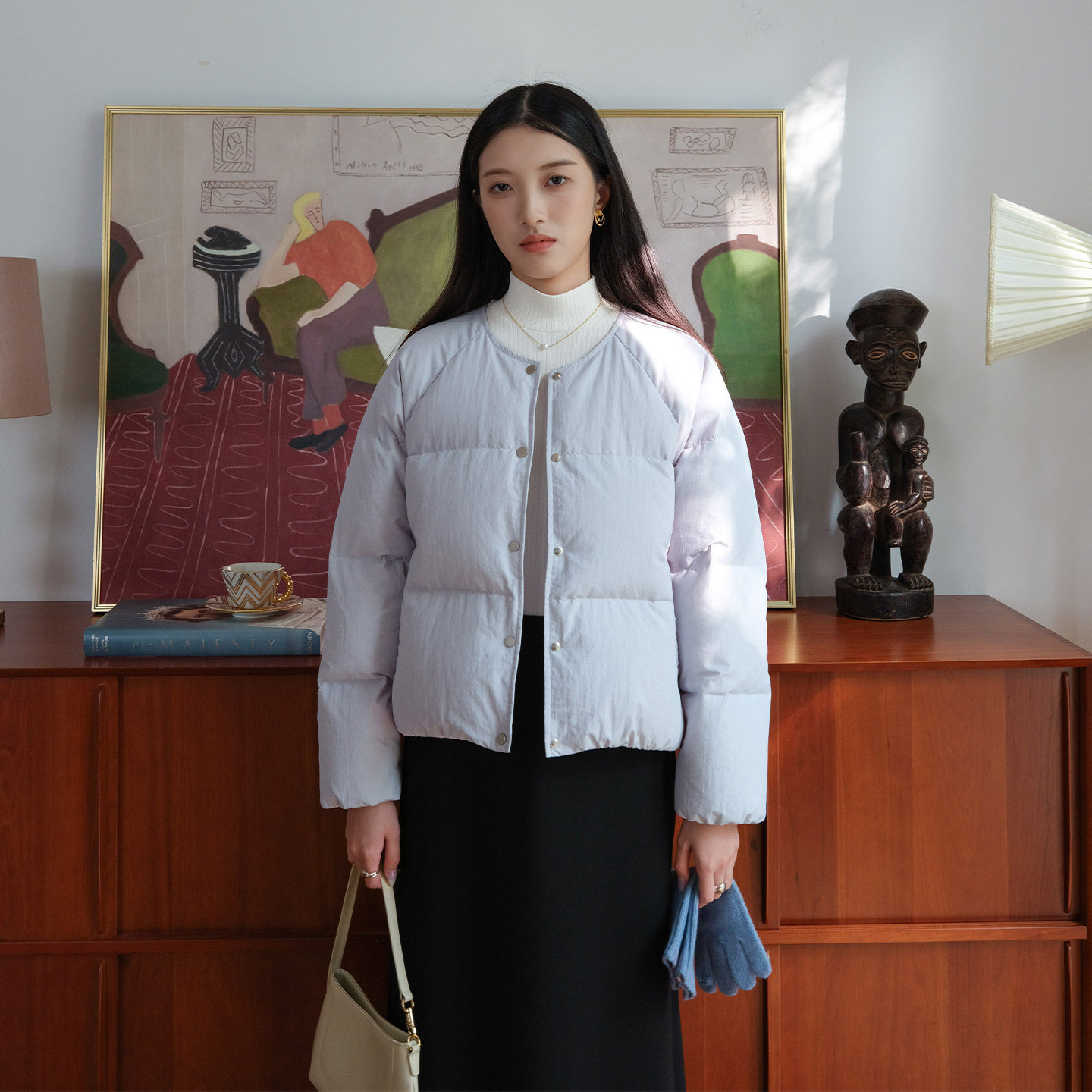 然若 防风轻防水 淡蓝色短款羽绒服女款冬季2025新款保暖羽绒外套