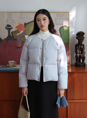 然若 防风轻防水 淡蓝色短款羽绒服女款冬季2025新款保暖羽绒外套