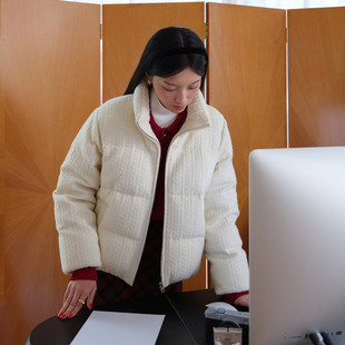 然若 针织绞花面料 短款羽绒服女款冬季加厚保暖羽绒外套小个子