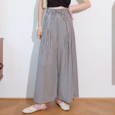 然若 格子休闲裤子女夏薄款2026新款宽松阔腿裤棉麻防晒裤裙裤