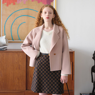 然若 黛粉色西装领双面呢羊毛大衣女款2025新款冬装短款毛呢外套