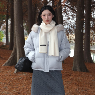 然若 可拆仿真水貂毛 蓝色连帽中款羽绒服女款2025新款冬季外套