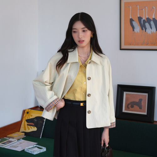 然若 卡其色短款风衣女2026新款春季休闲宽松显瘦小个子外套