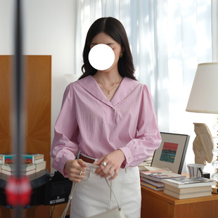 然若 海军领紫粉色衬衫女款2026新款春装法式别致上衣减龄衬衣