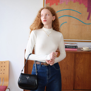 保暖长袖 然若 女2025新款 米白色半高领打底衫 内搭上衣 纯棉内磨毛