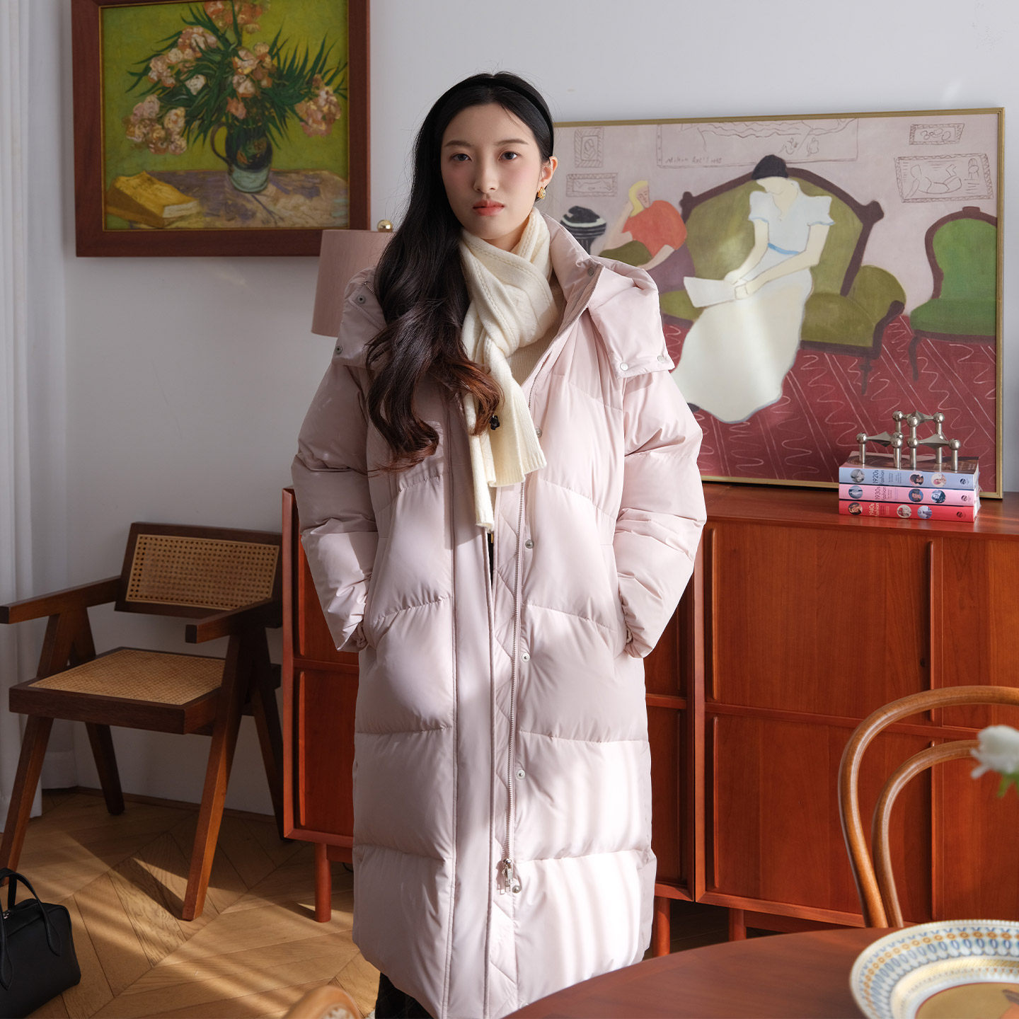 然若 高暖防寒 粉色连帽长款羽绒服女款中长款排骨加厚冬季外套