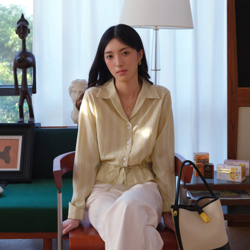 然若 条纹衬衫女款2026年新款春装法式上衣收腰衬衣独特好看衬衫