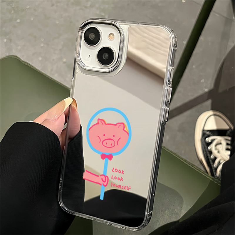可爱照镜子小猪适用苹果16手机壳新款iphone15promax创意13卡通镜面12防摔11全包14pro网红华为mat