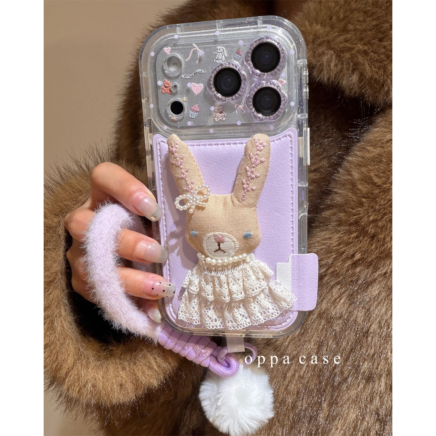 ins香芋紫可爱蕾丝裙小兔挂绳适用苹果17promax手机壳ip