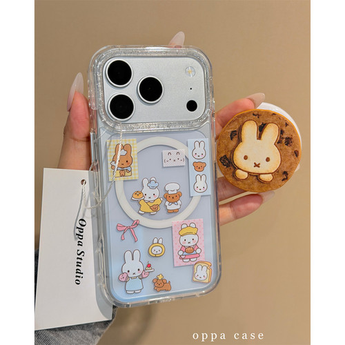日韩可爱厨帽兔子插画适用苹果17promax手机壳iphone17新款15pro女款16pro磁吸支架15promax防摔17pro保护套