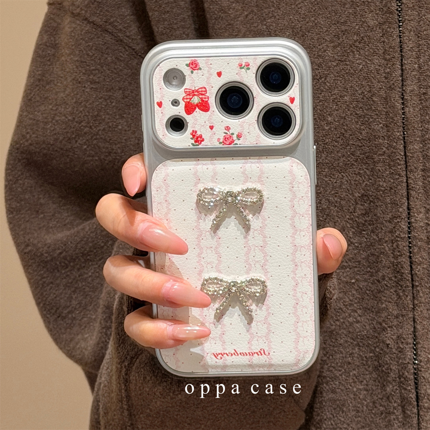 日韩粉蕾丝条纹闪钻蝴蝶结适用苹果16promax手机壳iphon