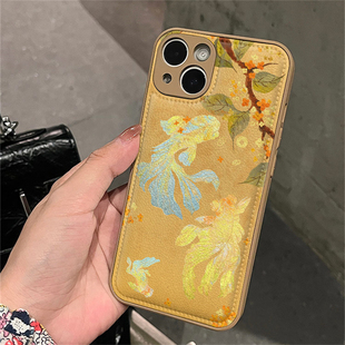 新中式渐变金色锦鲤适用苹果16promax手机壳皮纹iphone15新款17全包11皮纹14plus气垫13pro防摔xsmax保护套