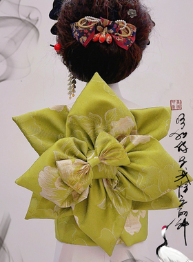 日本振袖和服浴衣女士昭和风分体定型太鼓结草绿色金线蝴蝶结腰带