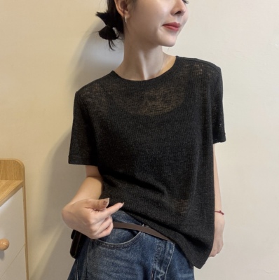 肌理感微透纯色针织短袖T恤女2026新款圆领内搭T恤打底衫上衣潮