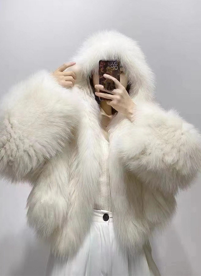 海宁皮草批发加密双面编织狐狸毛大衣女连帽小白熊年轻款毛毛外套