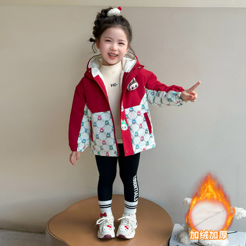女童卡通连帽棉服加绒拉布布外套