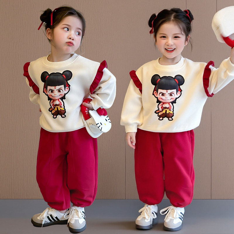 哪吒动漫卡通春秋男女童卫衣2025新款纯棉时髦网红洋气男女孩套装