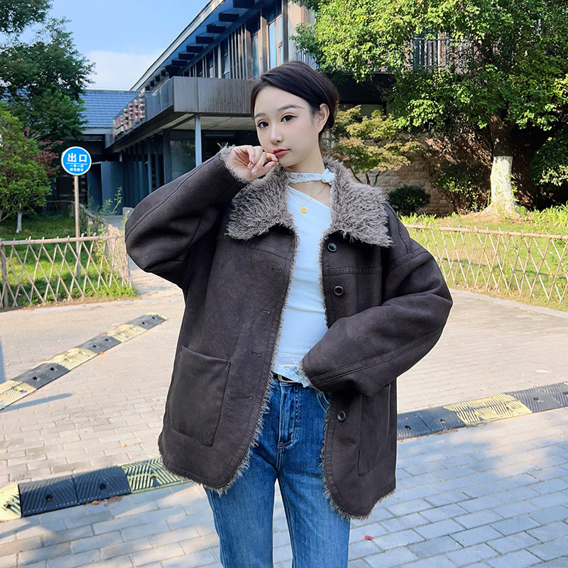 幂柚MU环保皮毛一体外套女中长款冬季双面穿羊羔毛加厚复古皮衣
