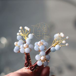 大猪手作古风海蓝宝淡水珍珠花朵发夹子复古汉服玉簪花发饰头饰