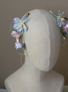 古风粉蓝色系渐变绢花仿绒花枝发钗发夹汉服旗袍Lolita头发饰配饰