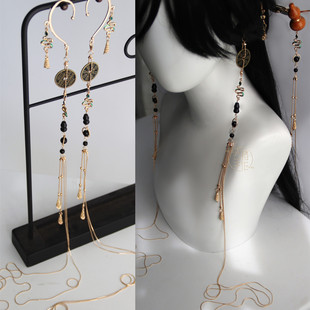 古风黑山鬼花钱铜钱耳挂耳环超长流苏耳饰复古葫芦发簪步摇配饰