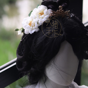 大猪手作汉服小花发夹子古风唯美仿真绢花山茶花朵假花发饰头饰