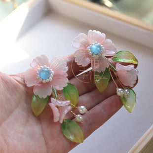 古风粉绿色系琉璃小花朵花枝发夹边夹小桃花枝汉服旗袍头饰发饰