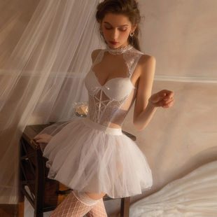 凯朱莉性感睡衣女秋冬季 蕾丝网纱小胸带胸垫公主芭蕾裙纯欲风制服