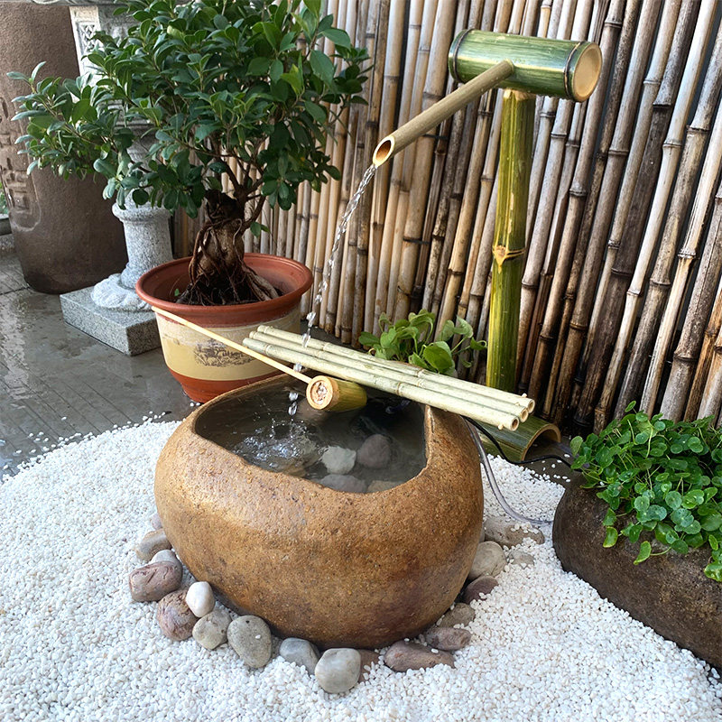 日式庭院流水石钵组合花园造景户外水钵禅意自然花钵石盆石槽景观