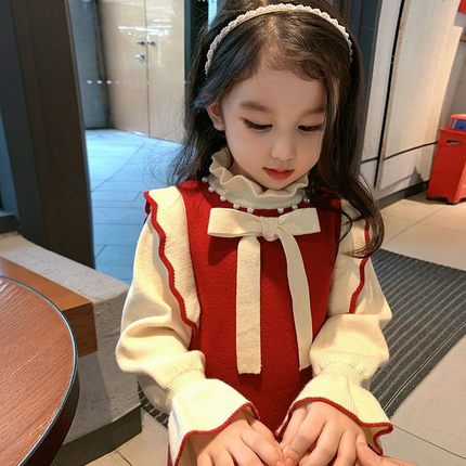 女童连衣裙秋冬加绒新款儿童针织毛衣公主宝宝红色韩版洋气毛衣裙