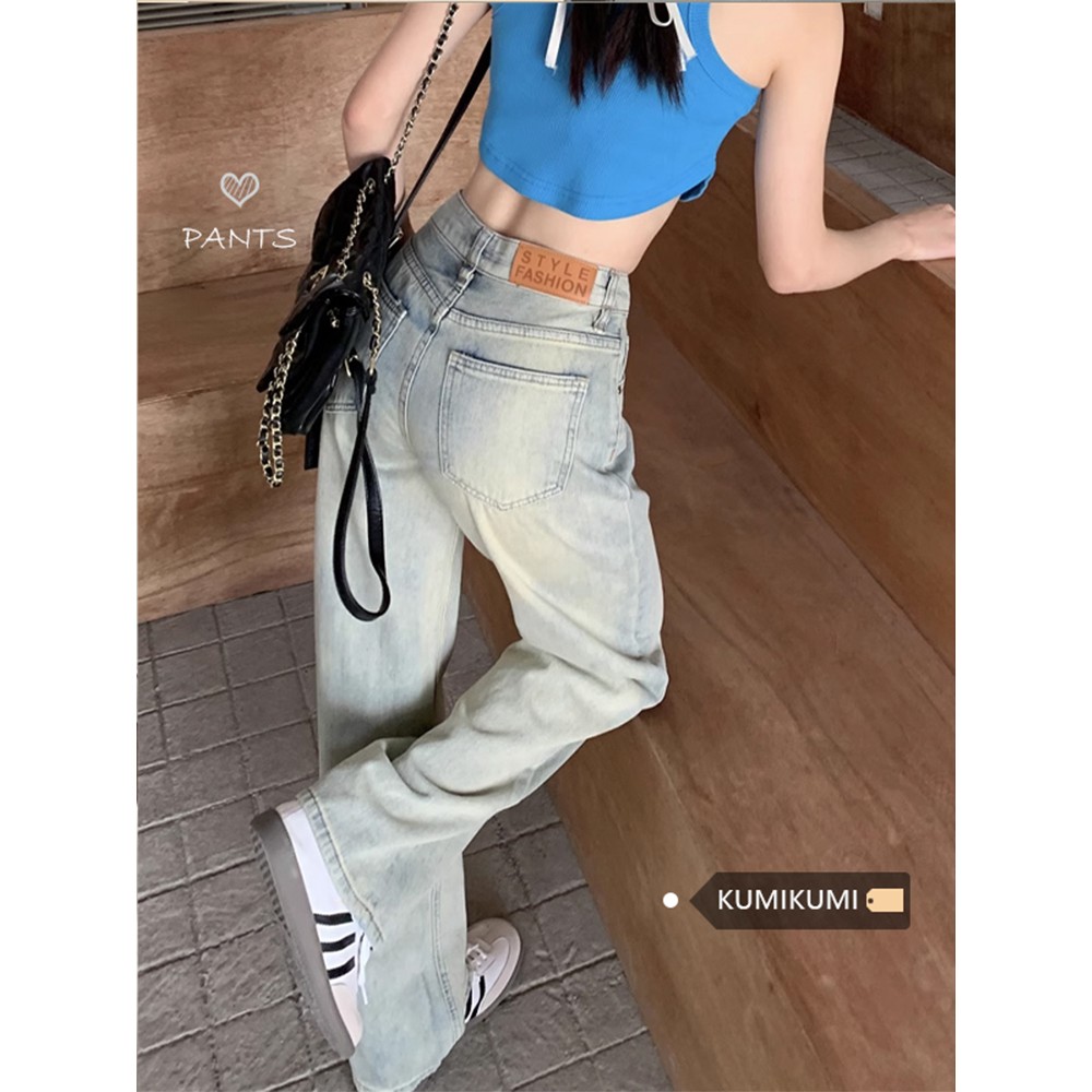 浅蓝色直筒牛仔裤高腰百搭拖地裤女装秋季复古宽松阔腿裤长裤裤子