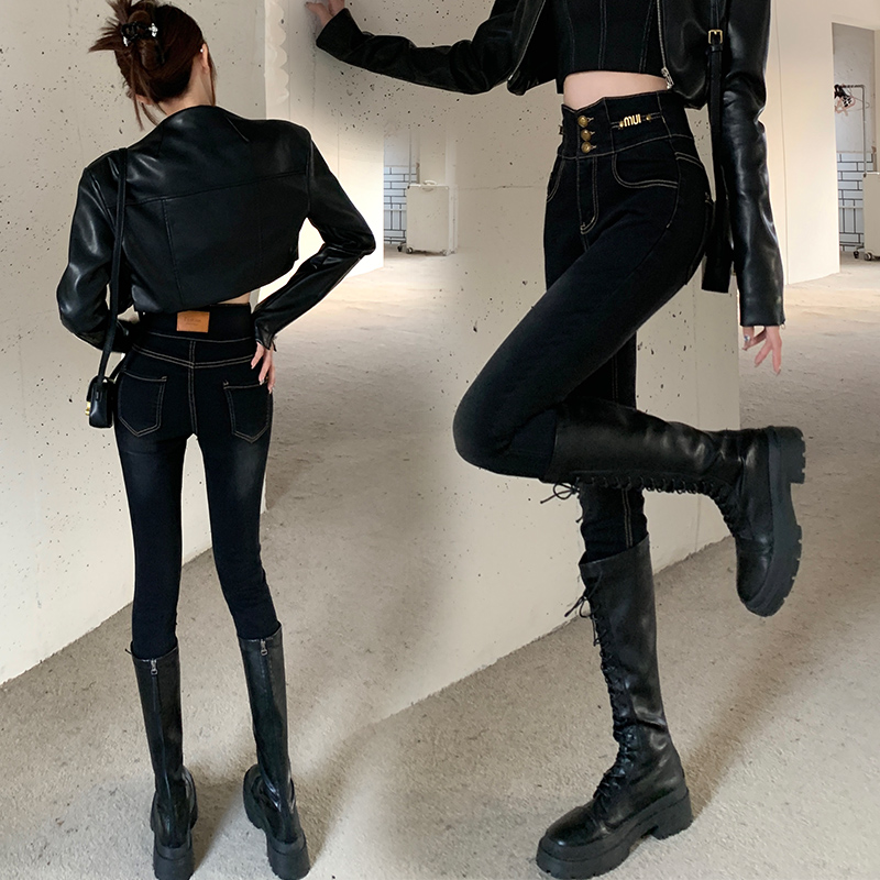 黑色小脚裤女秋季20225新款过肚脐收腰牛仔长裤高腰紧身铅笔长裤