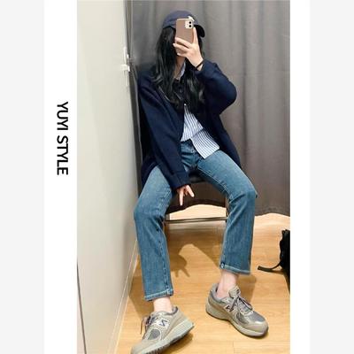 覆古九分直筒牛仔裤女春