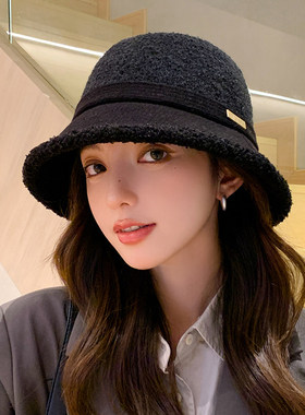羊羔毛渔夫帽子女秋冬天覆古加绒保暖水桶帽素颜显脸小高级感盆帽
