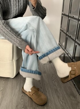 浅蓝色加绒加厚直筒牛仔裤女秋冬胖妹妹mm高腰宽松显瘦阔腿拖地裤