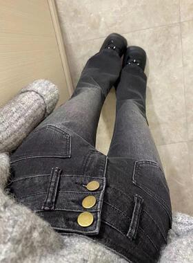 黑灰色微喇牛仔裤女早秋大码胖mm高腰弹力遮胯显瘦梨形身材喇叭裤