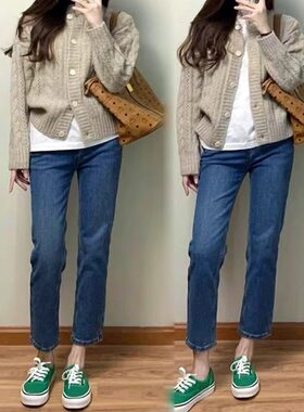 蓝色直筒牛仔裤女2026年春秋新款小个子女士秋冬加绒法棍烟管裤子