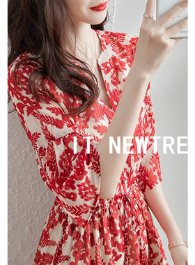 典雅气息V领红色连衣裙女2023夏季新款系带收腰显瘦中长裙