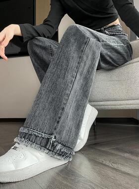 烟灰色直筒牛仔裤女梨形身材大码裤子秋季小个子显瘦九分阔腿裤子